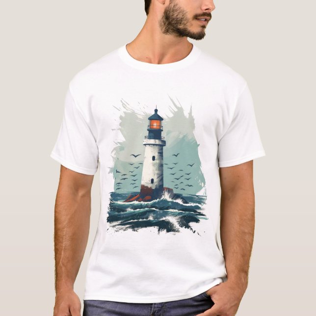 Lighthouse Shining Over Waves - Minimalist Art T-Shirt (Front)