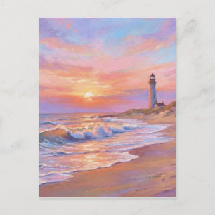 Lighthouse Shore Sunset - Pastel Painting Style Postcard
