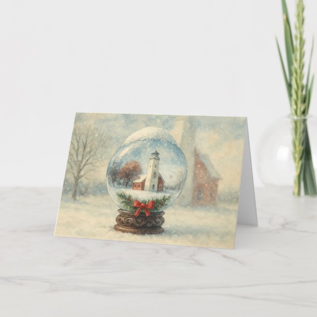 Lighthouse Snow Globe Christmas Holiday Card (Front)