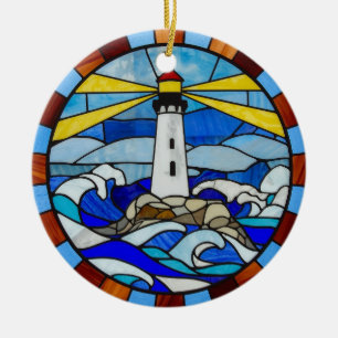 Lighthouse Stained Glass Design Ceramic Tree Decoration