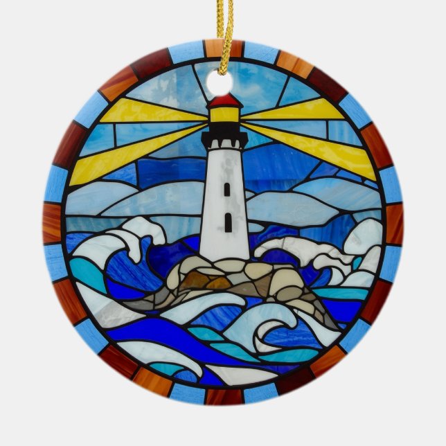 Lighthouse Stained Glass Design Ceramic Tree Decoration (Front)