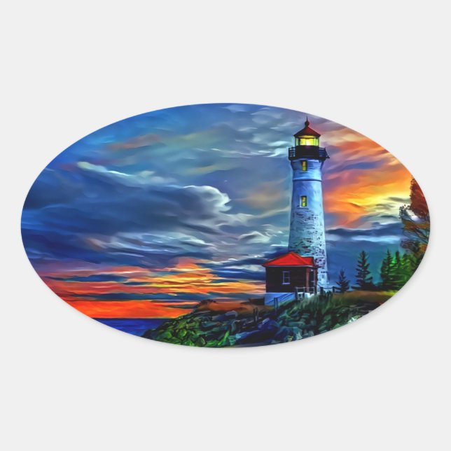 Lighthouse Sunset Oval Sticker (Front)
