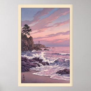 Lighthouse Sunset Print Muted Blue and Pink