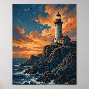 Lighthouse Sunset Seascape Vintage Travel Poster