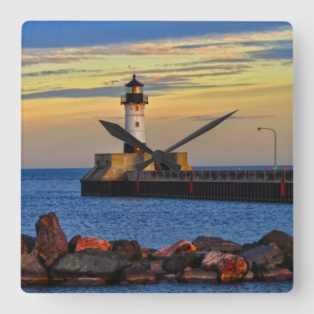 Lighthouse Sunset Square Wall Clock (Front)