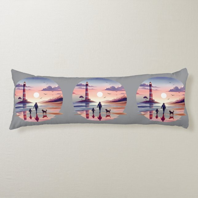 Lighthouse Sunset Walk Coastal Scene Body Cushion (Front)