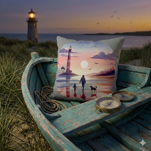 Lighthouse Sunset Walk Coastal Scene Cushion