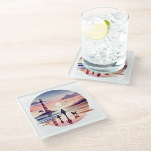 Lighthouse Sunset Walk Coastal Scene Glass Coaster