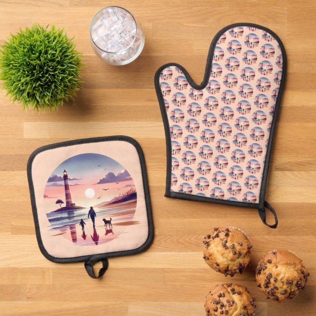 Lighthouse Sunset Walk Coastal Scene Oven Mitt & Pot Holder Set (Top Down)