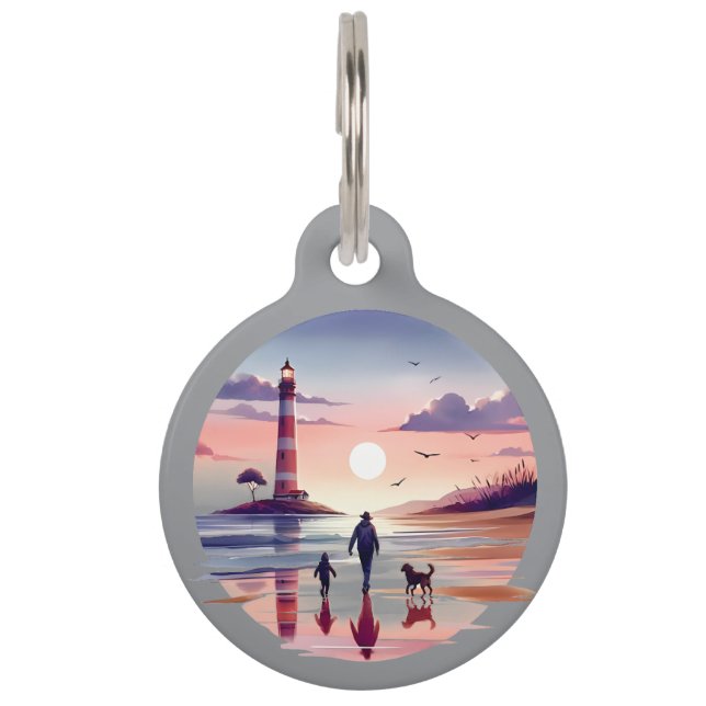 Lighthouse Sunset Walk Coastal Scene Pet Tag (Front)