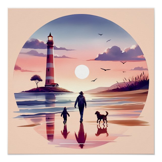 Lighthouse Sunset Walk Coastal Scene Poster (Front)
