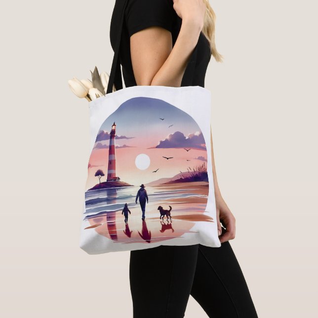 Lighthouse Sunset Walk Coastal Scene Tote Bag (Close Up)