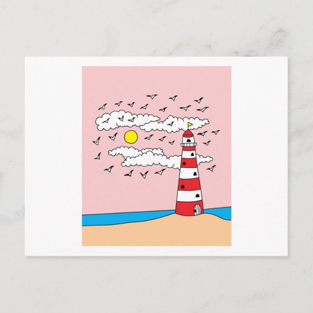 Lighthouse Surrounded By Seagull Birds Postcard (Front)