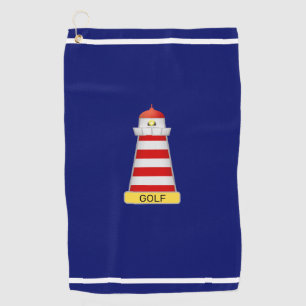 Lighthouse & Text on Navy Blue & White Stripes Golf Towel