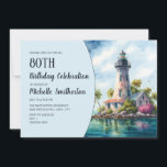 Lighthouse Tropical Palm Trees 80th Birthday Invitation<br><div class="desc">80th birthday party invitation for women with the painting of a beautiful old lighthouse on a small tropical island. Text, fonts, and wording are completely customisable, so although this card is designed for a lady who is celebrating her 80th birthday, it can be customised for any age. Contact us for...</div>