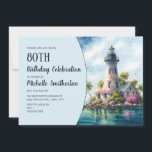 Lighthouse Tropical Palm Trees 80th Birthday Invitation<br><div class="desc">80th birthday party invitation for women with the painting of a beautiful old lighthouse on a small tropical island. Text, fonts, and wording are completely customisable, so although this card is designed for a lady who is celebrating her 80th birthday, it can be customised for any age. Contact us for...</div>