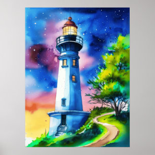 Lighthouse Under a Starry Sky Poster