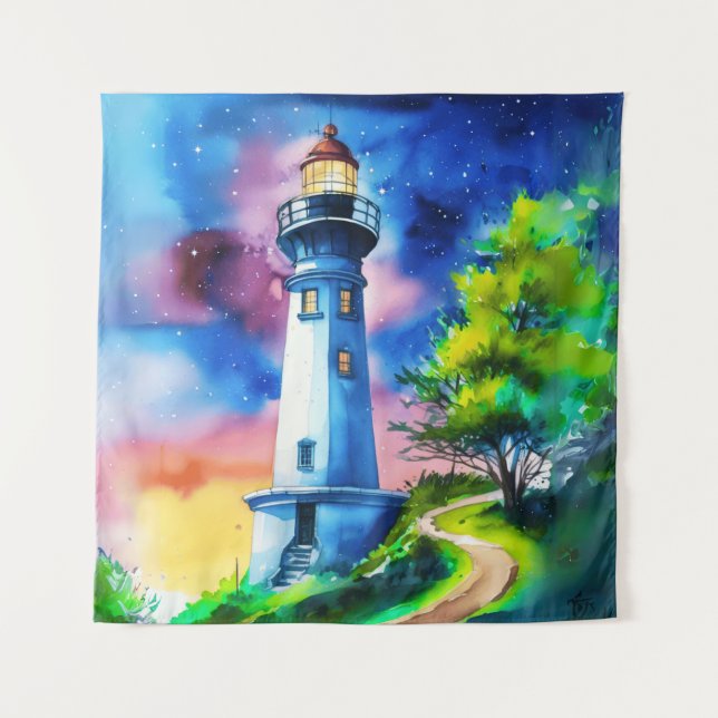 Lighthouse Under a Starry Sky Tapestry (Front)