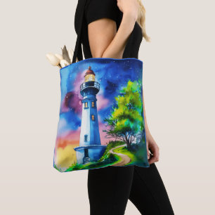 Lighthouse Under a Starry Sky Tote Bag