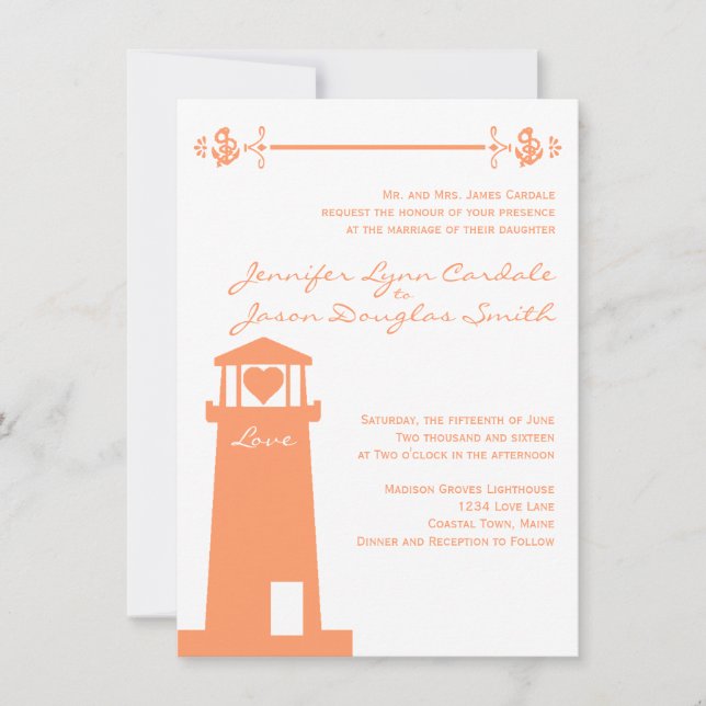 Lighthouse Wedding Venue Coral Nautical Invitation (Front)