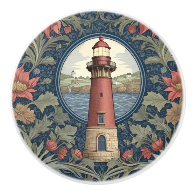 Lighthouse William Morris style ocean sea floral Ceramic Knob (Front)
