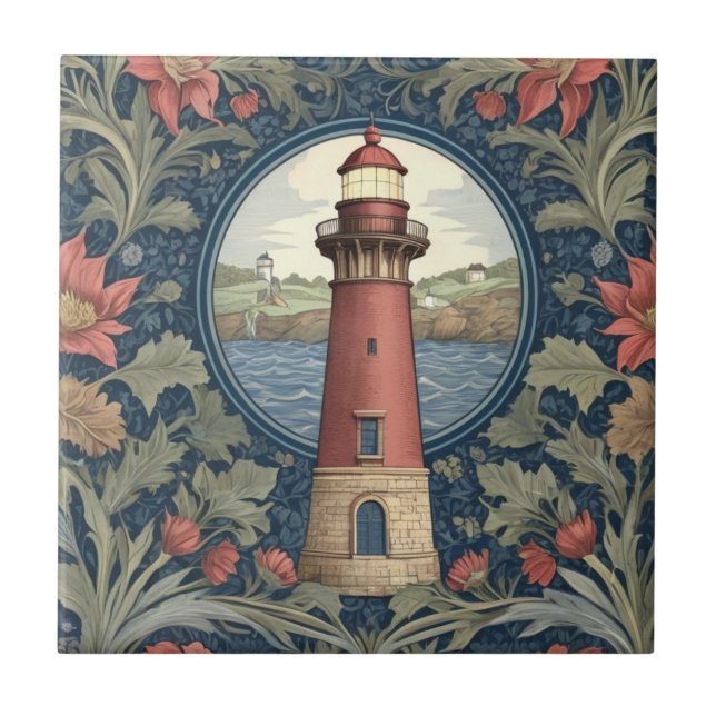 Lighthouse William Morris style ocean sea floral Tile (Front)