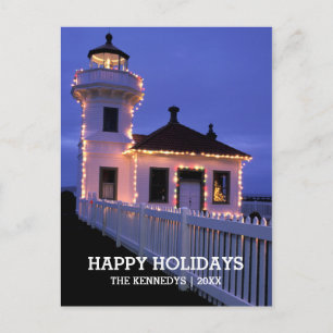 Lighthouse with Christmas Lights Holiday Postcard