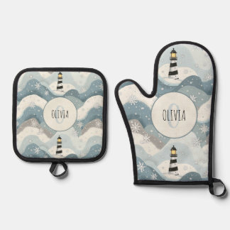 Lighthouse with Icy Waves Winter Nautical Monogram Oven Mitt & Pot Holder Set