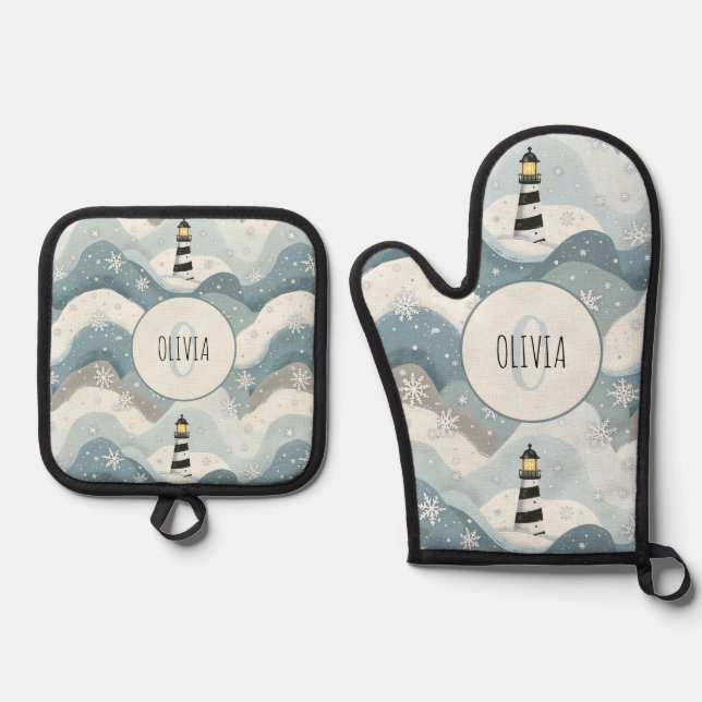 Lighthouse with Icy Waves Winter Nautical Monogram Oven Mitt & Pot Holder Set (Front)