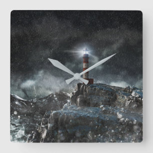 Lighthouses   Lighthouse in the Storm Square Wall Clock