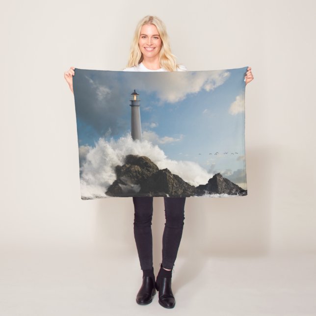 Lighthouses | Lighthouse With Crashing Waves Fleece Blanket (In Situ)