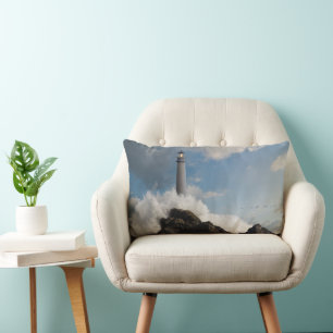 Lighthouses   Lighthouse With Crashing Waves Lumbar Cushion