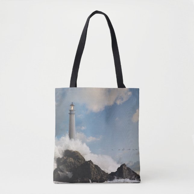 Lighthouses | Lighthouse With Crashing Waves Tote Bag (Front)
