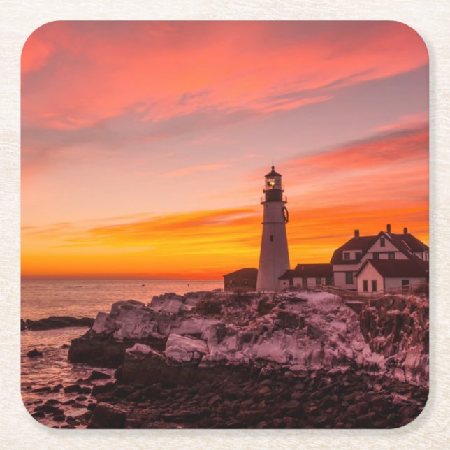 Lighthouses |  Portland Head Cape Elizabeth Maine Square Paper Coaster (Front)