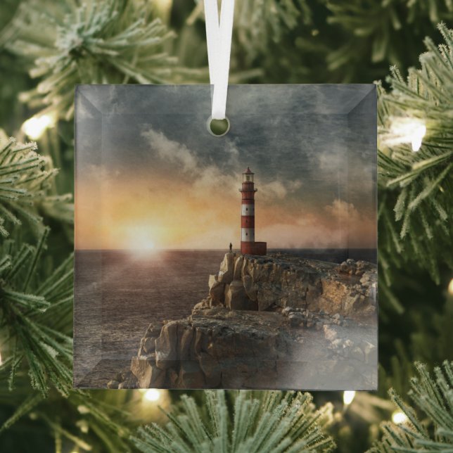 Lighthouses | Red & White Lighthouse Glass Tree Decoration (Insitu)