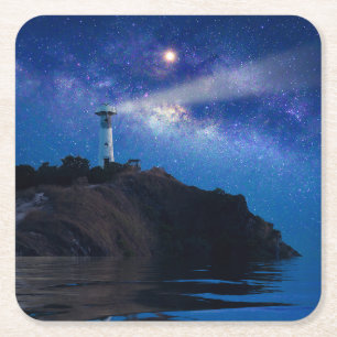 Lighthouses   Starry Night Lighthouse Square Paper Coaster