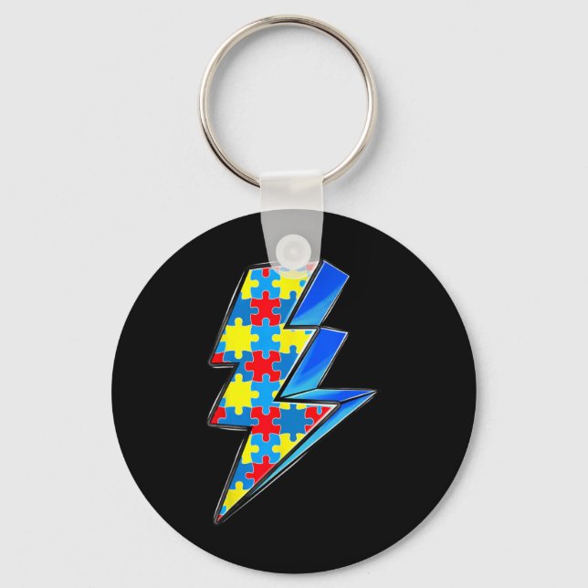 Lighting Bolt Puzzle Autism Awareness Day Support  Key Ring (Front)