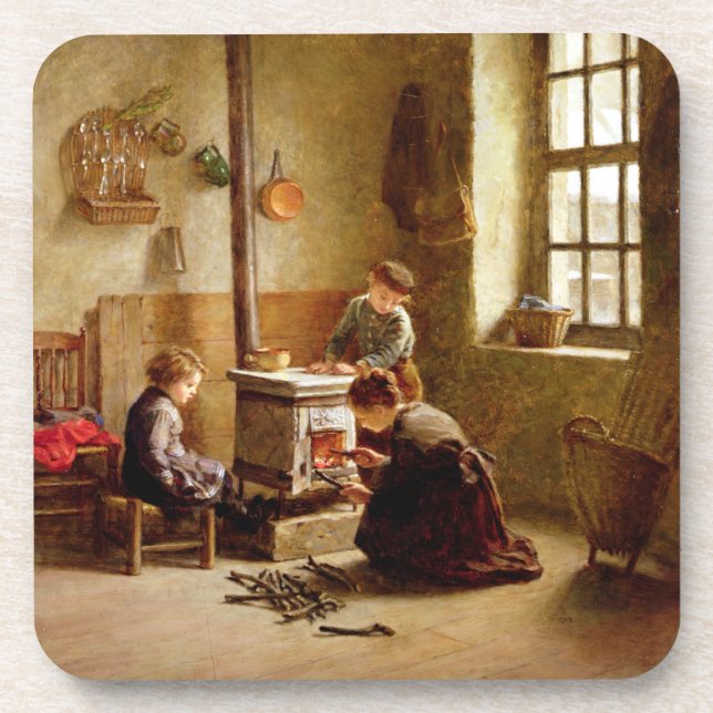 Lighting the Stove, 1886 (oil on panel) Coaster (Front)
