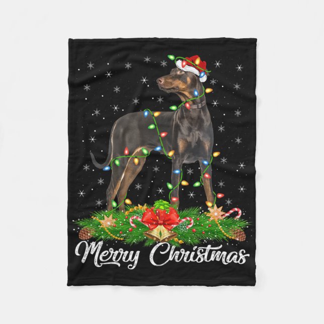 Lighting Xmas Matching Santa Hat Doberman Pinscher Fleece Blanket (Front)