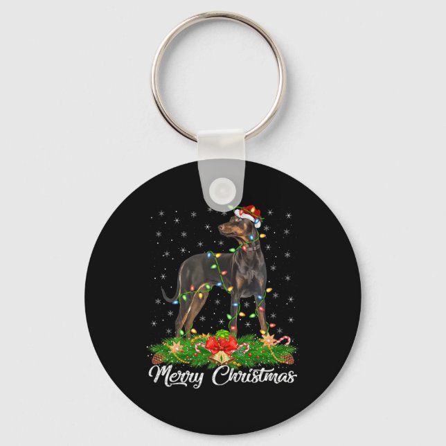 Lighting Xmas Matching Santa Hat Doberman Pinscher Key Ring (Front)
