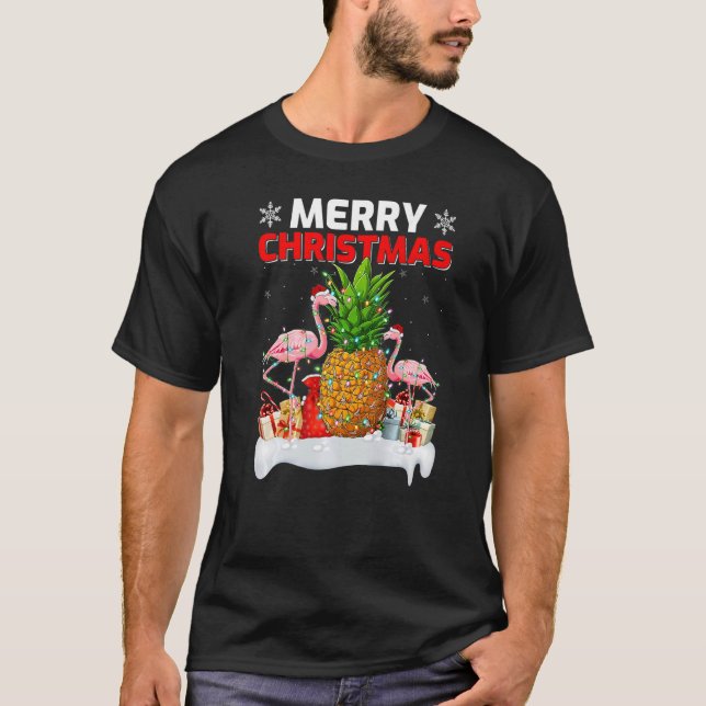 Lighting Xmas Santa Hat Flamingo Pineapple Merry C T-Shirt (Front)