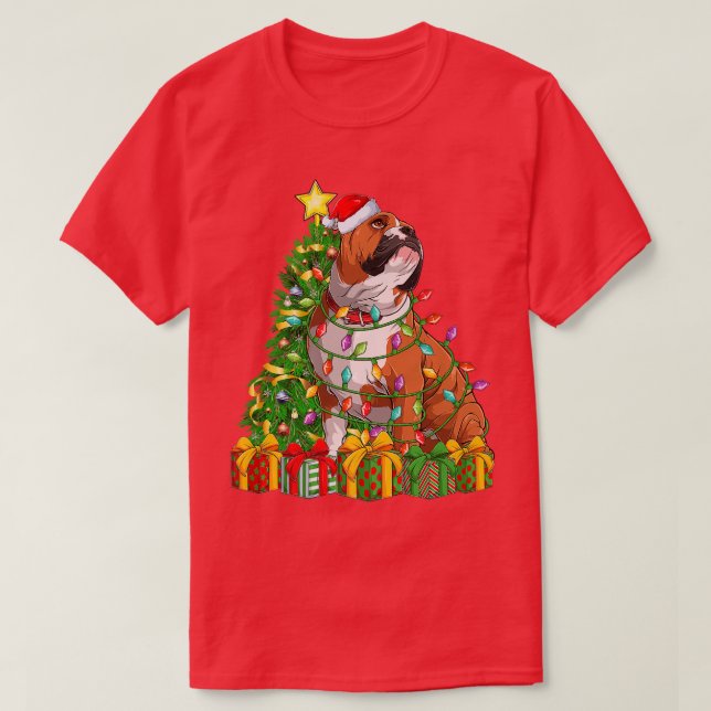 Lighting Xmas Tree Matching Santa English Bulldog  T-Shirt (Design Front)