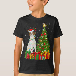 Lighting Xmas Tree Santa Hat Brittany Spaniel Dog T-Shirt
