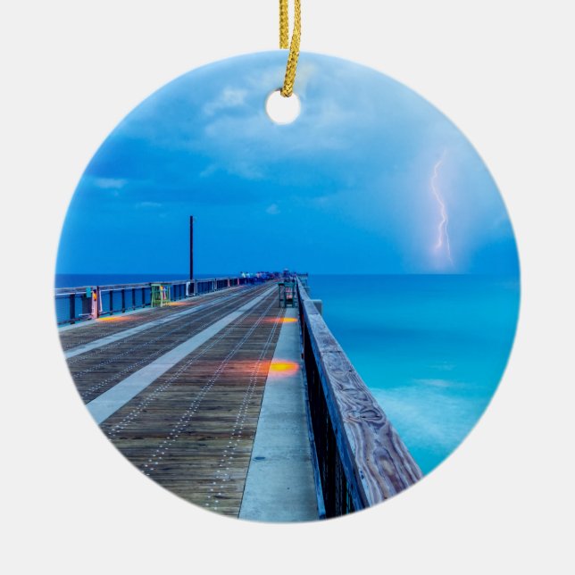 Lightning At Navarre Beach Pier Ceramic Tree Decoration (Front)