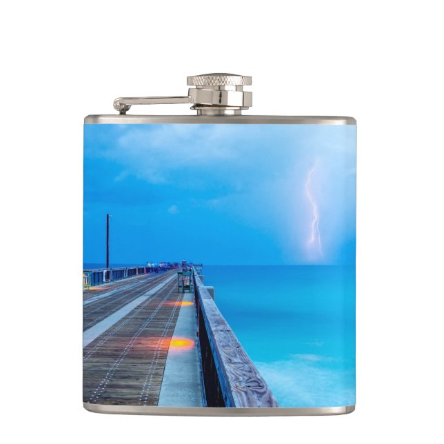 Lightning At Navarre Beach Pier Hip Flask (Front)