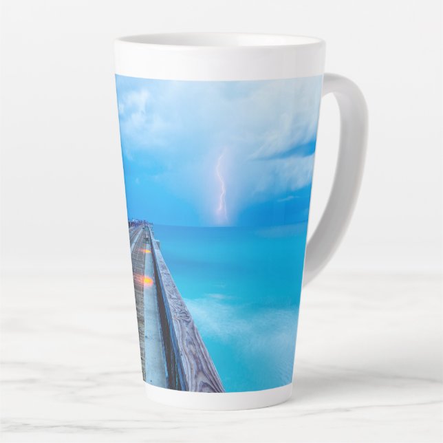 Lightning At Navarre Beach Pier Latte Mug (Right Angle)