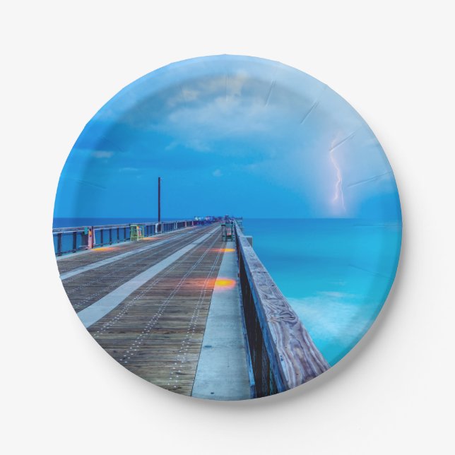 Lightning At Navarre Beach Pier Paper Plate (Front)