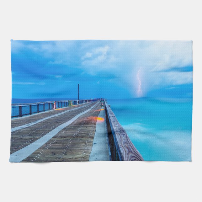 Lightning At Navarre Beach Pier Tea Towel (Horizontal)