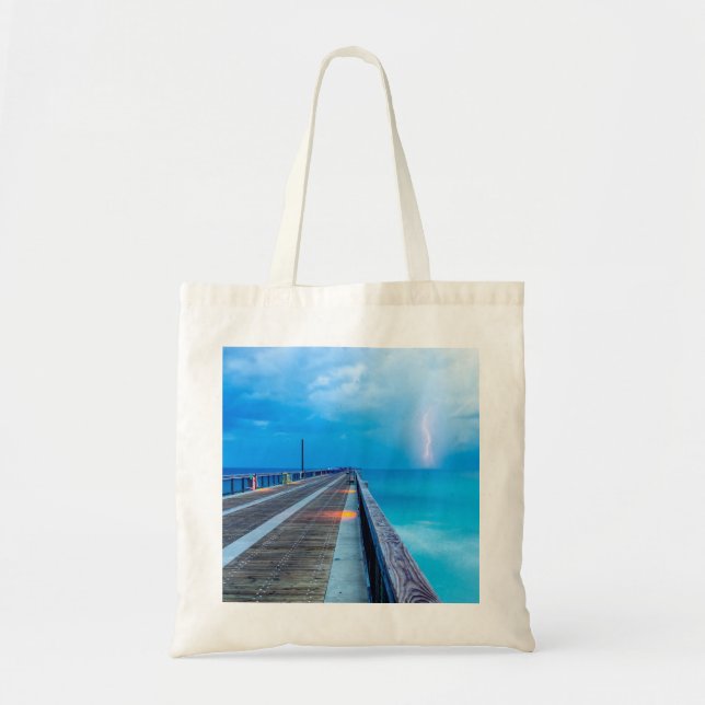 Lightning At Navarre Beach Pier Tote Bag (Front)