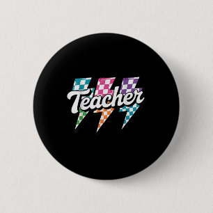 Lightning Bolt Teacher Back To School Chequered Re 6 Cm Round Badge